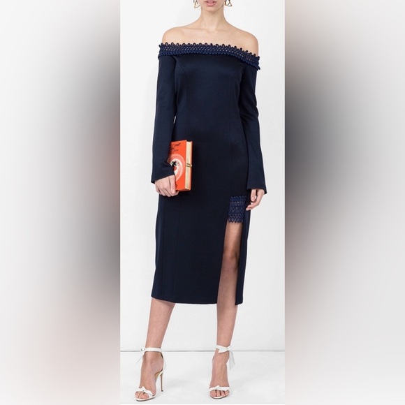 EUC Galvan London- Aguafina Elegant Navy Blue Off-Shoulder Dress. Size US 2 - Picture 1 of 11
